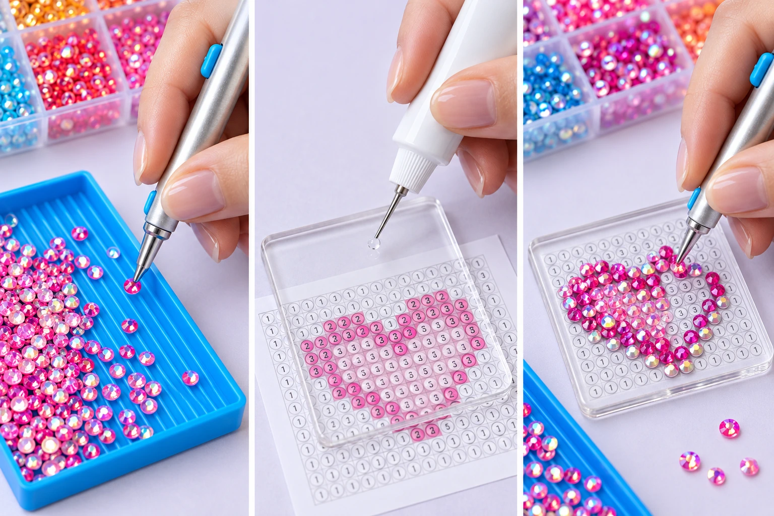Illustration of a silver pen picking a pink rhinestone from a blue ridged tray